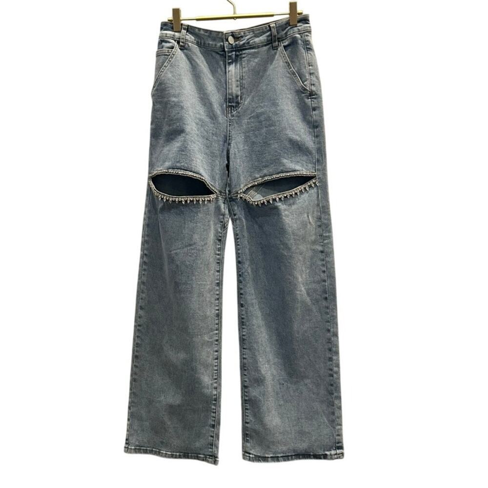 Blue B. Collection – Rhinestone Cutout Wide-Leg Jeans – Medium
